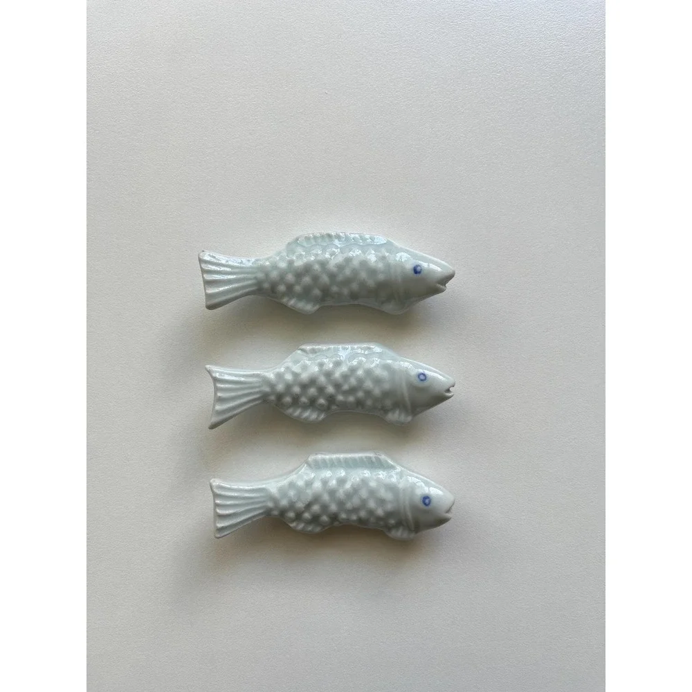 VTG 3 blue glazed ceramic fish chopstick/utensil rests Handmade artisan style